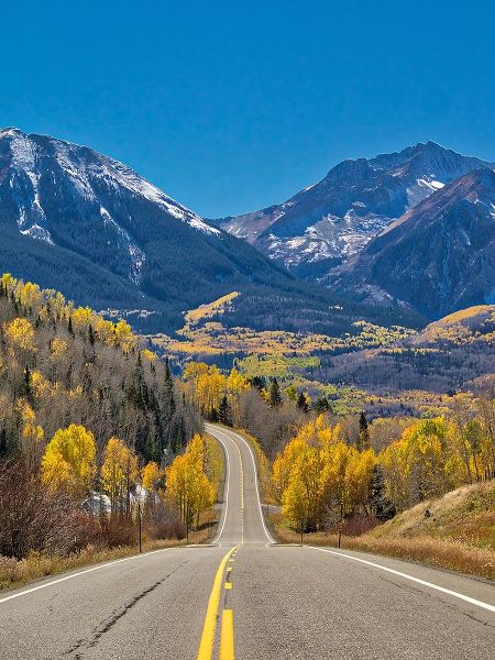 Colorado An empty Colorado highway 145 in midday surrounded by fall color near Telluride-Colorado